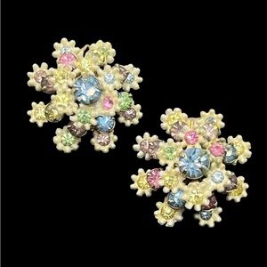 Leru signed pastel rhinestone flower clip on gold tone earrings vintage